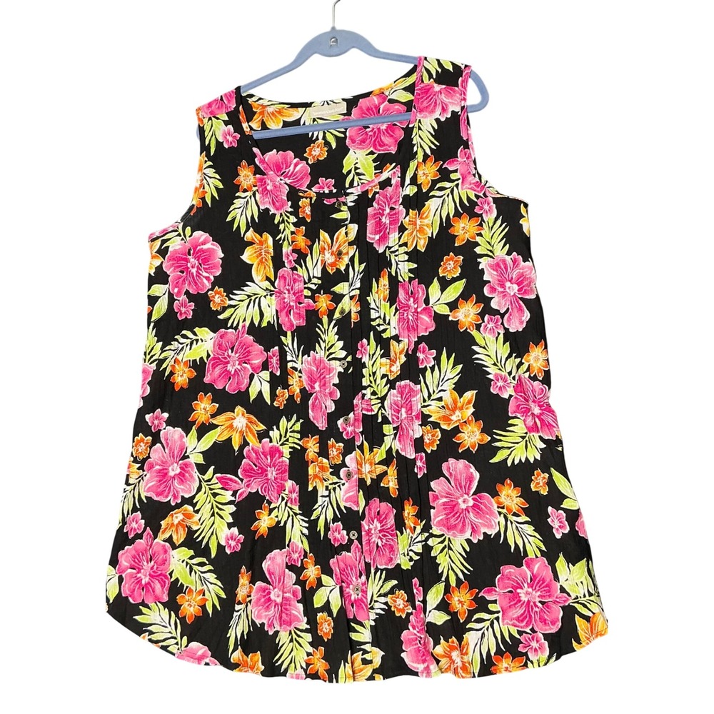 Woman Within Tropical Floral Pintuck Tunic Tank Top Black Pink Orange Sleeveless